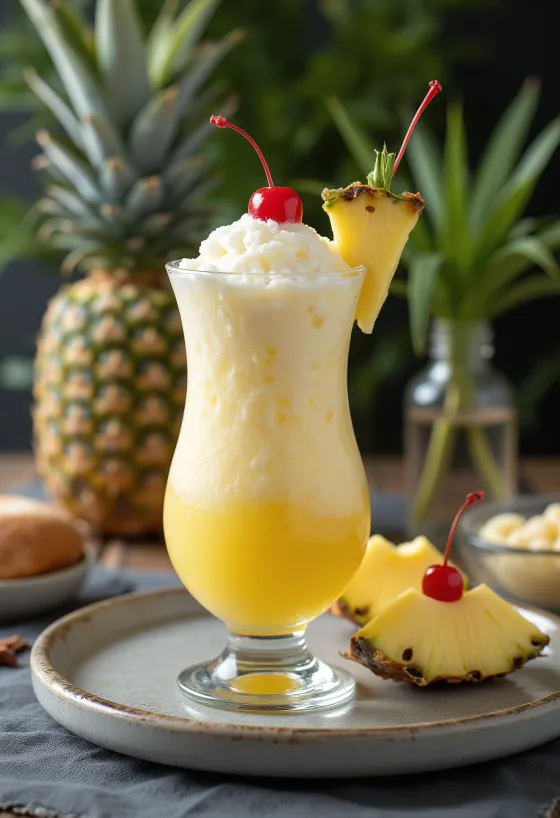 Piña Colada ukrašena svježim ananasom i koktel višnjom