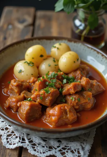 Perkelt od ovčetine poslužen sa svježim kruhom i ukiseljenim povrćem