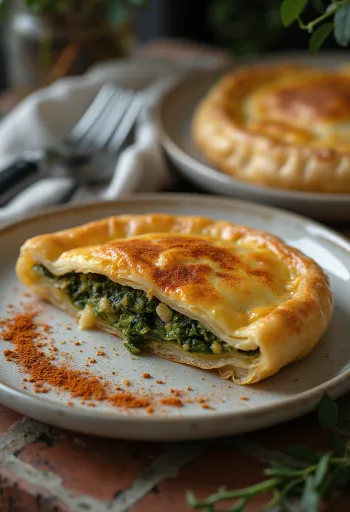 Spanakopita s crvenom paprikom, zlatnosmeđa, hrskava pita s bogatim nadjevom od špinata