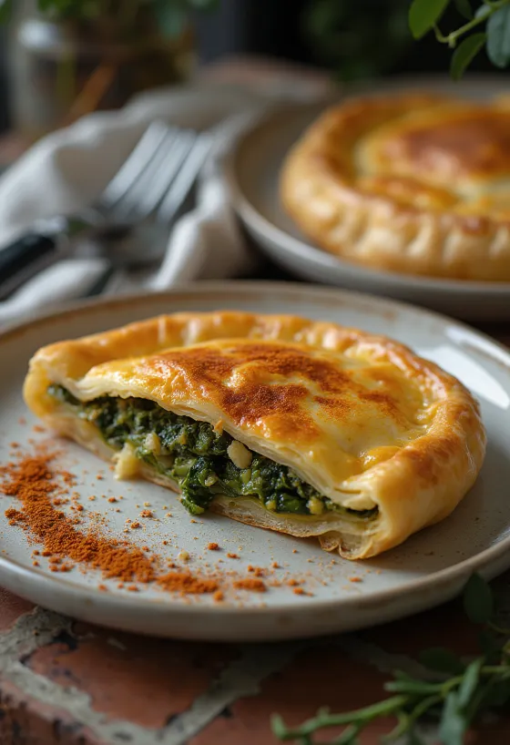 Spanakopita s crvenom paprikom, zlatnosmeđa, hrskava pita s bogatim nadjevom od špinata