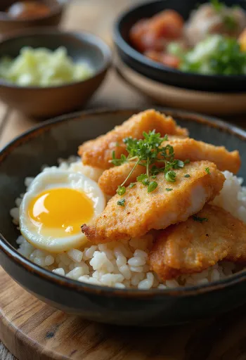 Katsu Donburi poslužen s hrskavom pohanom svinjetinom i umakom od jaja