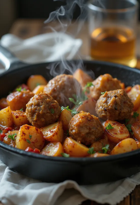 Kofta sa začinjenim krumpirom, pečene goveđe okruglice ukrašene peršinom