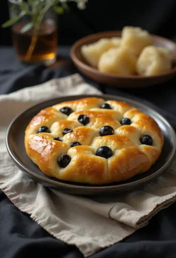 Pogača s maslinama poslužena, svježa i mekana, sa zlatnosmeđim vrhom