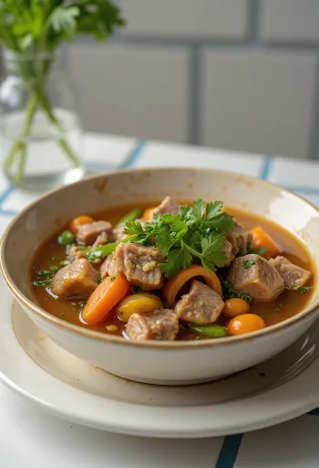 Souse s goveđim nogicama, bogata juha od povrća sa svježim korijanderom.