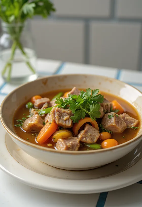 Souse s goveđim nogicama, bogata juha od povrća sa svježim korijanderom.