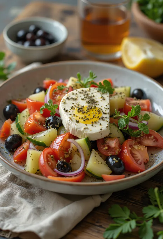 Svježa grčka salata s feta sirom, maslinama i sočnom rajčicom