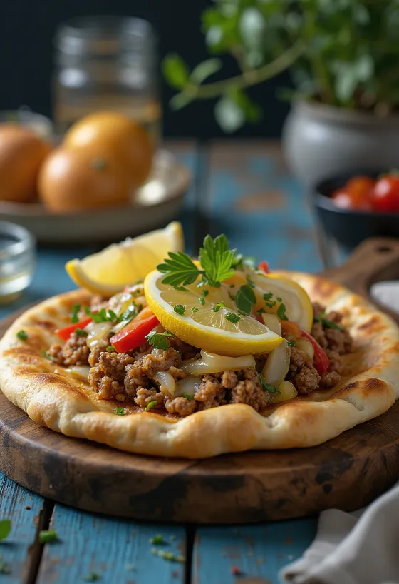 Klasični Lahmacun poslužen sa svježim tijestom i začinjenim mesnim punjenjem