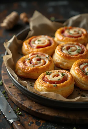 Svježe pečeni pizza pužići punjeni topljenim sirom i umakom od rajčice, posluženi na tanjuru.