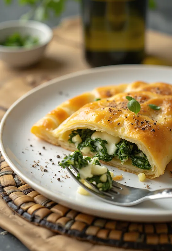 Spanakopita sa svježim sirom, zlatnosmeđa, hrskava pita s bogatim nadjevom od špinata i sira