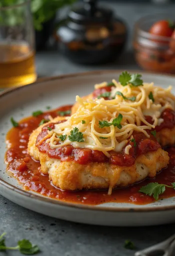 Chicken parmigiana poslužena s tjesteninom i svježim bosiljkom