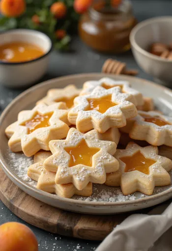 Linzeri s medom posuti šećerom u prahu, punjeni pekmezom