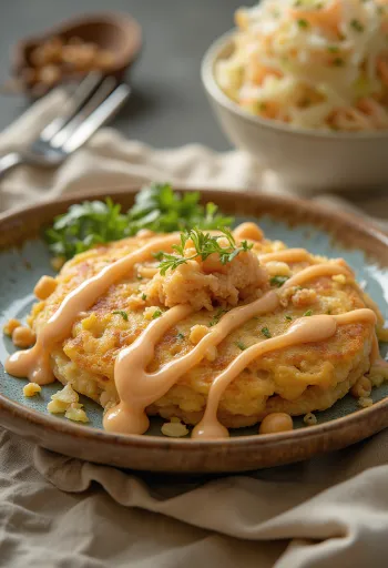 Okonomiyaki sa slanutkom, ravnomjerno pečen, poslužen sa svježim kupusom i slanutkom