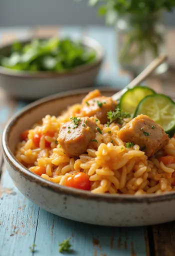 Meso s rižom bogato pripremljeno sa sočnom svinjetinom i povrćem.