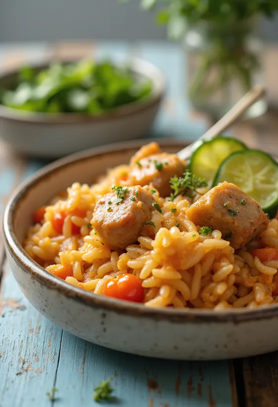 Meso s rižom bogato pripremljeno sa sočnom svinjetinom i povrćem.