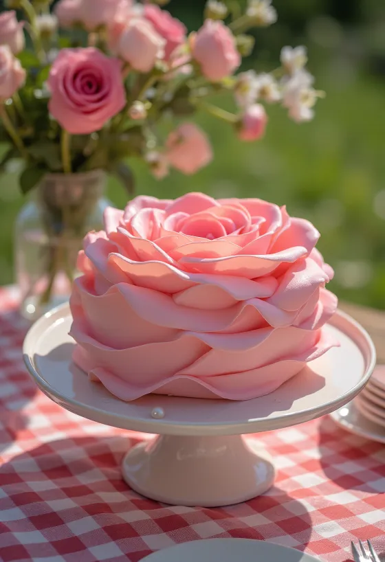 Torta u obliku ruže s ukrasima od ružičastog i zelenog fondanta