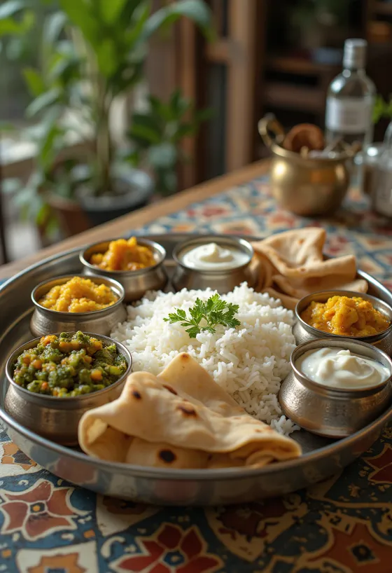 Thali na tamilski način, poslužen s raznovrsnim indijskim jelima na metalnom pladnju: riža, curryji, kruh, chutneye
