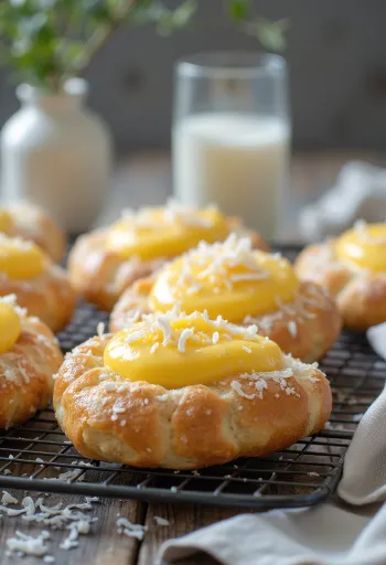 Skolebrød duguljastog oblika, ukrašen pudingom od vanilije i kokosovim mrvicama