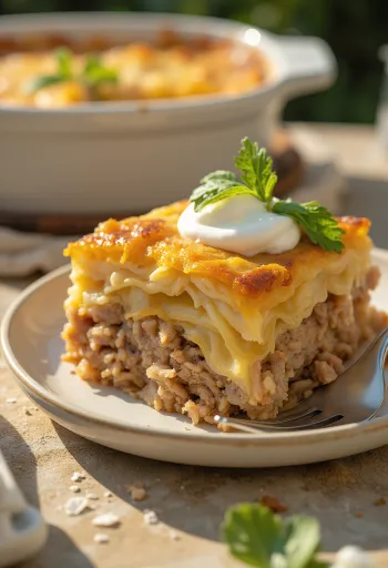 Tradicionalni složenac od kupusa, slojevi mljevenog mesa i riže, poslužen s kiselim vrhnjem.