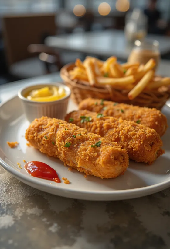 Pohane hrenovke pečene do zlatnosmeđe boje, poslužene u hrskavoj korici sa svježim senfom i kečapom.