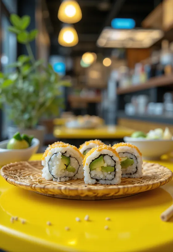 Veganski sushi s nori algama, ukrašen avokadom i sjemenkama sezama