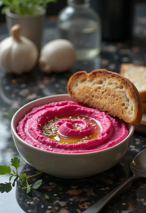 Poslužen humus od cikle s tostom