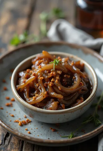 Umak od karameliziranog luka s čilijem u zdjelici, ukrašen svježim čilijem.