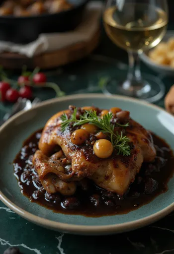 Coq au Vin poslužen sa svježim peršinom i kruhom