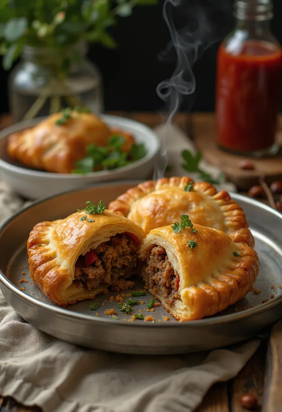 Lihapiirakka s mljevenom govedinom, pečena do zlatno-smeđe boje i prerezana na pola