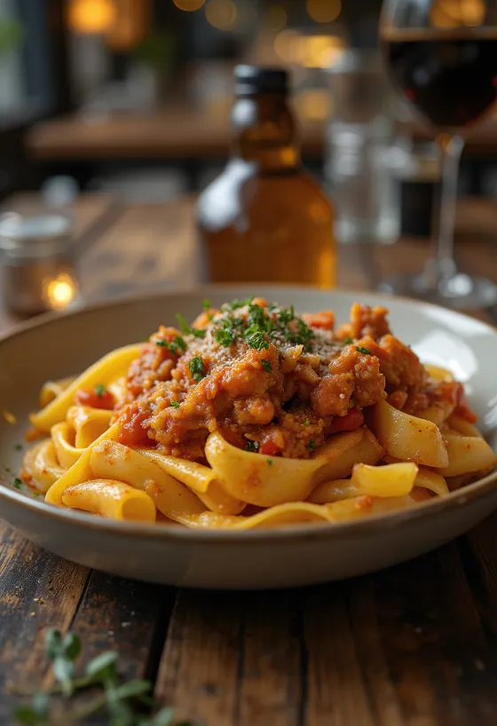 Ragu od zeca serviran s pappardelle tjesteninom i ukrašen svježim ružmarinom