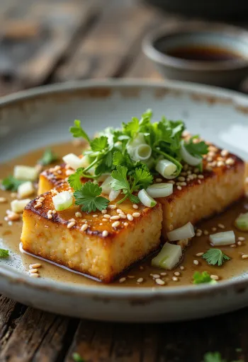 Tofu odrezak sa sezamom, ukrašen svježim korijanderom