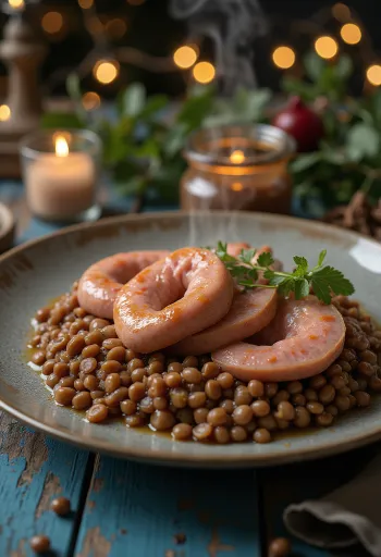 Cotechino, talijanska kobasica poslužena s lećom