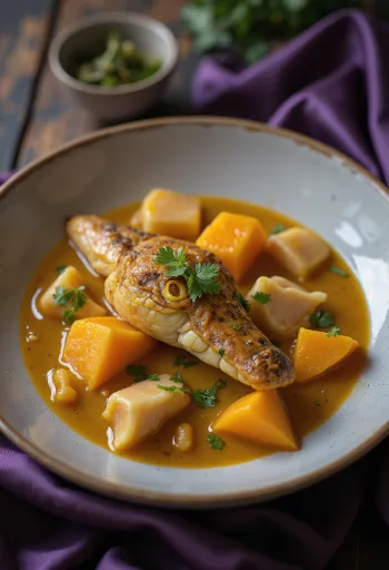 Curry od krokodila i bundeve poslužen u zdjeli sa svježim korijanderom.