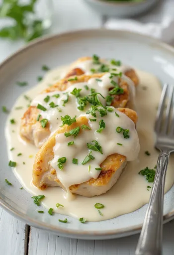 Sočna pileća prsa u umaku od vrhnja, posuta svježim peršinom i poslužena s tjesteninom.