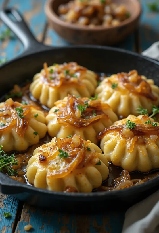 Hrskavi dödölle posluženi s kiselim vrhnjem i prženim lukom