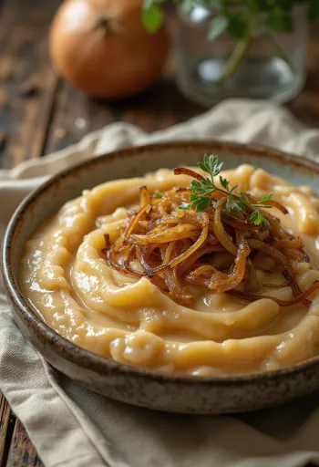 Karamelizirani umak od luka poslužen sa svježim kruhom