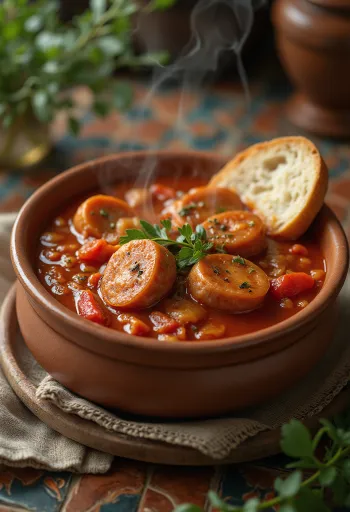 Lečo s kobasicom poslužen sa svježom paprikom, rajčicom i dimljenom kobasicom