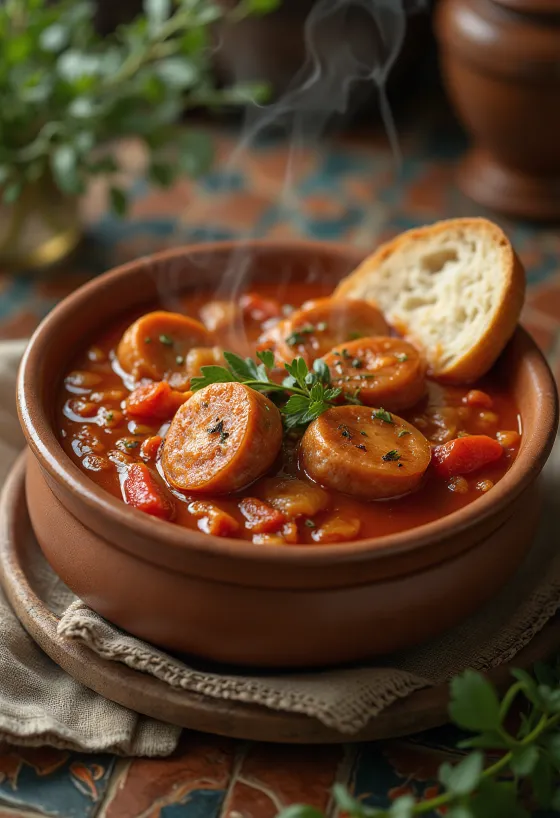 Lečo s kobasicom poslužen sa svježom paprikom, rajčicom i dimljenom kobasicom