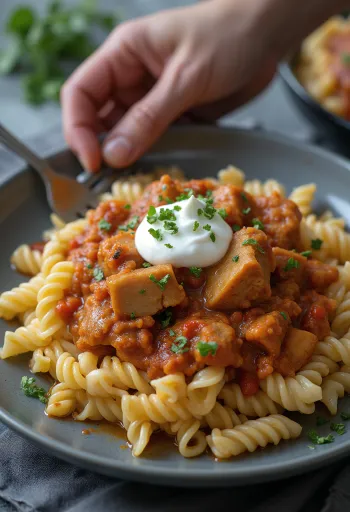 Pörkölt s tjesteninom i kiselim vrhnjem poslužen