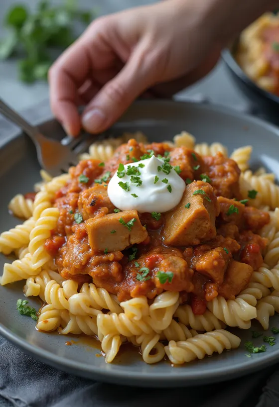 Pörkölt s tjesteninom i kiselim vrhnjem poslužen