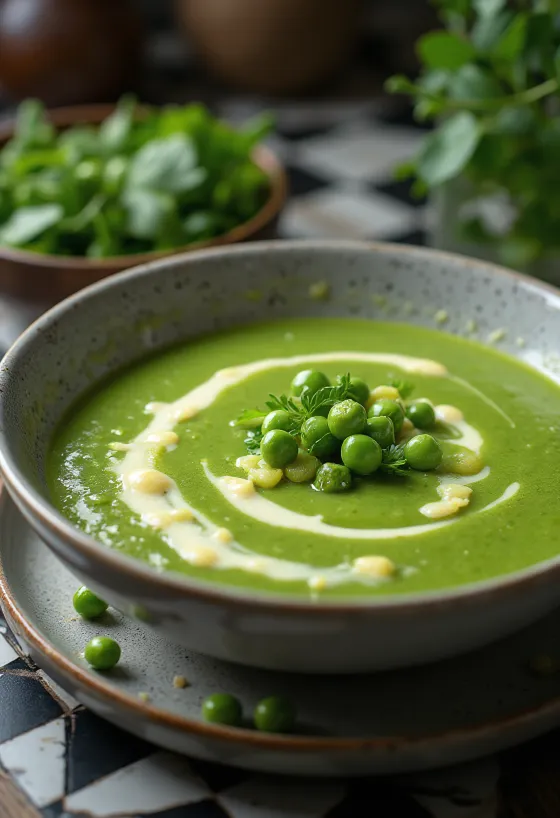 Kremasta juha od graška sa svježim peršinom u zdjelici