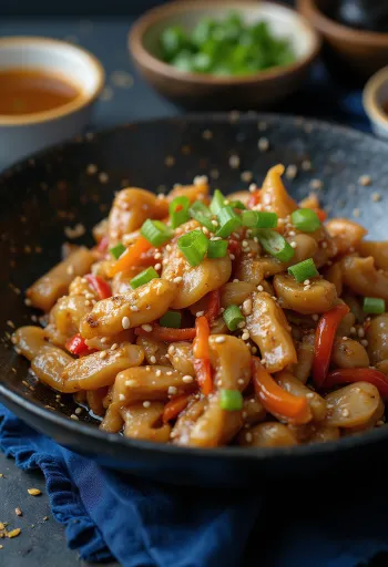 Stir-fry od krokodila poslužen s rižom i povrćem.