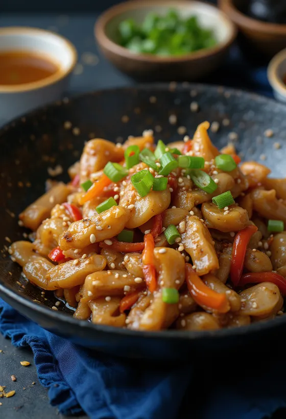 Stir-fry od krokodila poslužen s rižom i povrćem.