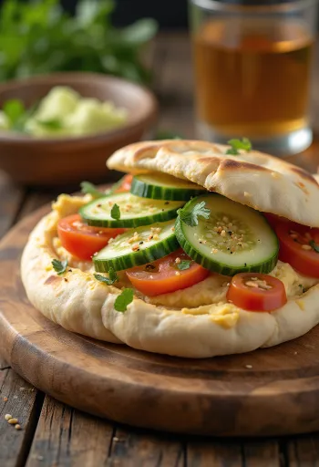 Pita kruh s humusom i svježim povrćem na tanjuru