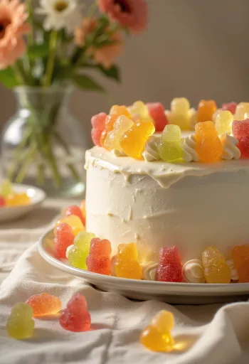 Torta sa šarenim gumenim bombonima s bijelim fondantom i ukrasima od gumenih bombona