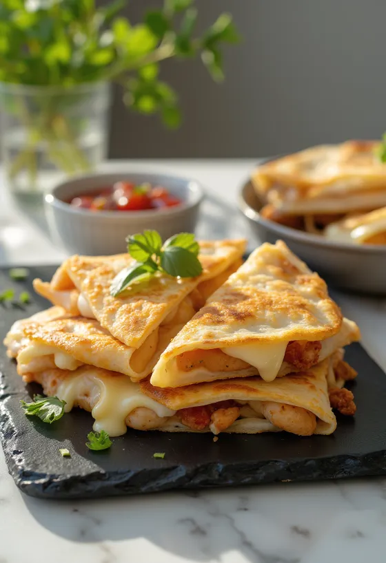 Pileća quesadilla pečena do zlatno smeđe boje, poslužena s otopljenim sirom i svježim začinskim biljem