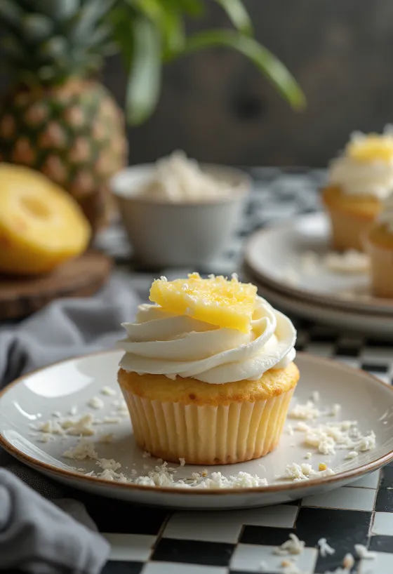 Kokos-ananas cupcakes posluženi na tanjuru