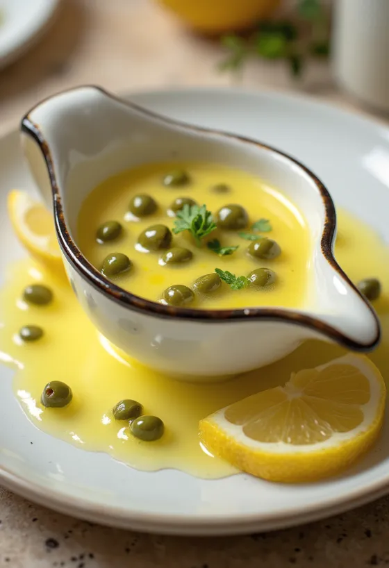 Umak od maslaca s kaparima i limunom serviran u posudi