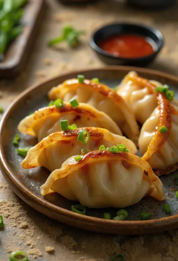 Crvenkasta gyoza punjena kimchijem na tanjuru
