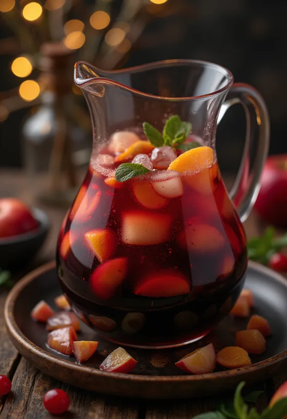 Sangria poslužena sa svježim voćem i kockicama leda
