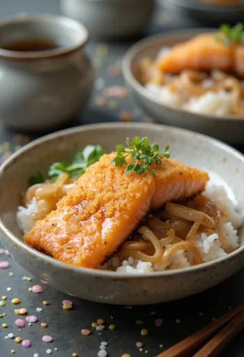 Prženi katsudon od lososa, riža, posluženo s umakom od luka i soje